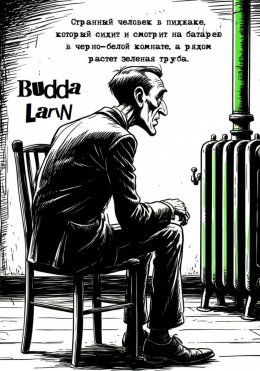 Странный человек в пиджаке, который сидит и смотрит на батарею в черно-белой комнате, а рядом растет зеленая труба.